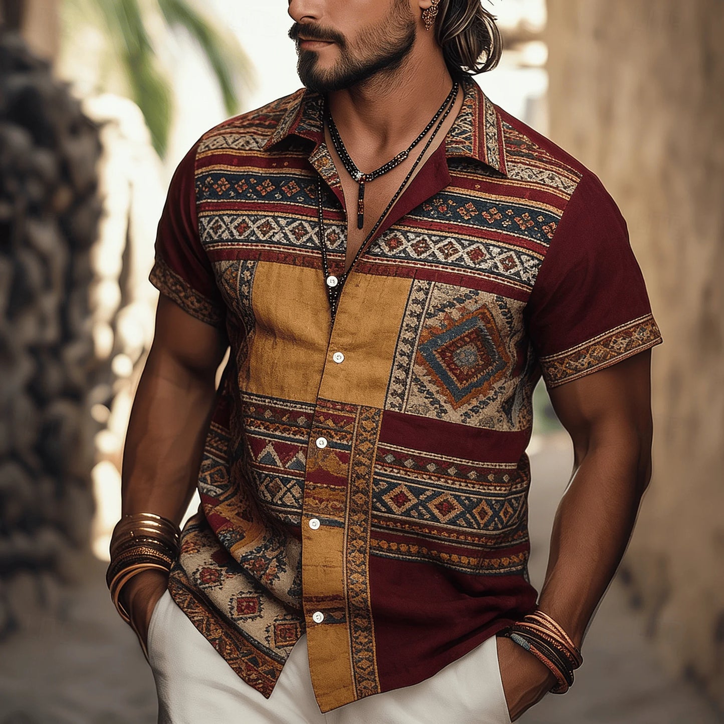 Men's Ethnic Tribal Geometric Print Short Sleeve Shirt, Vintage Pattern Button Down For Spring Summer Casual