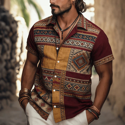 Men's Ethnic Tribal Geometric Print Short Sleeve Shirt, Vintage Pattern Button Down For Spring Summer Casual