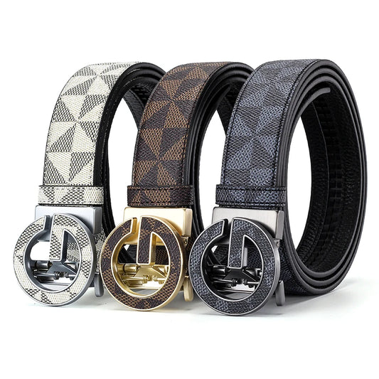 Men's Luxury Automatic Buckle Belt Classic Triangle Pattern PU Leather Business Casual Waistband for Jeans