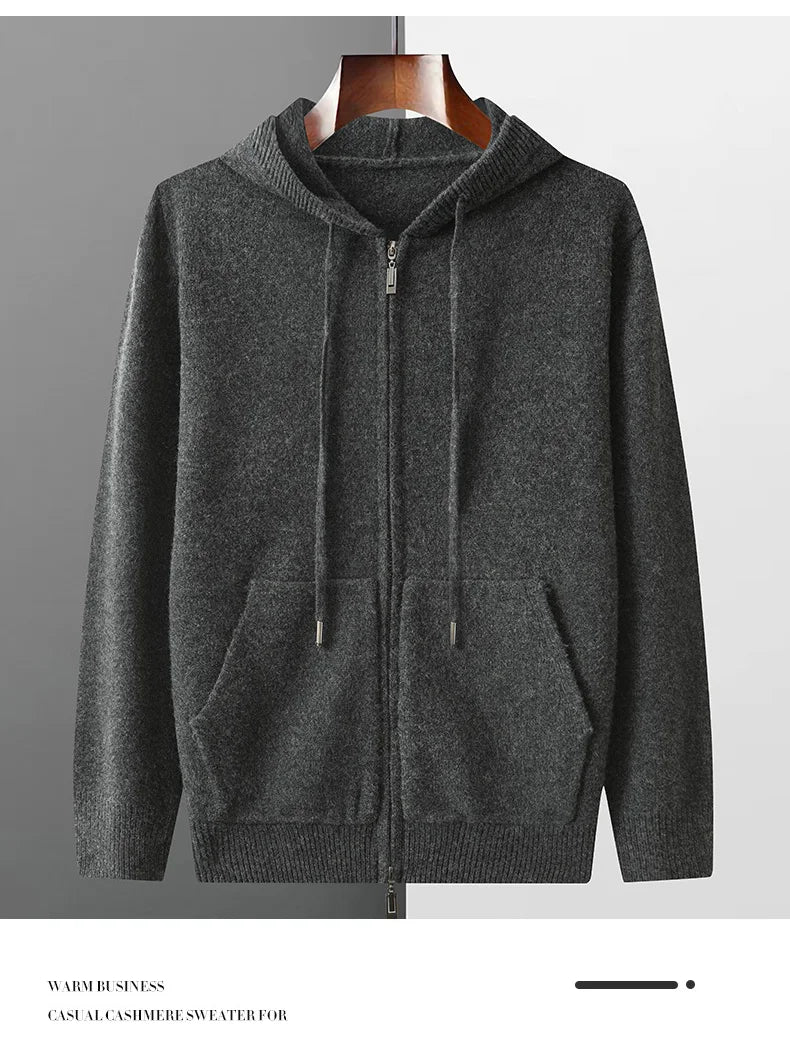 Autumn And Winter Men's 100% Pure Wool Cardigan Warm Zipper Hooded Casual Knitted Cashmere Coat