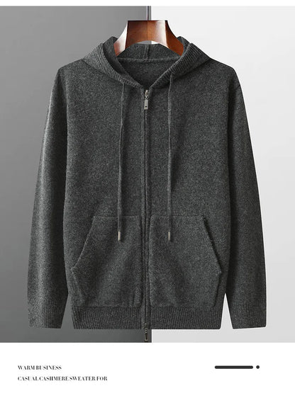 Autumn And Winter Men's 100% Pure Wool Cardigan Warm Zipper Hooded Casual Knitted Cashmere Coat