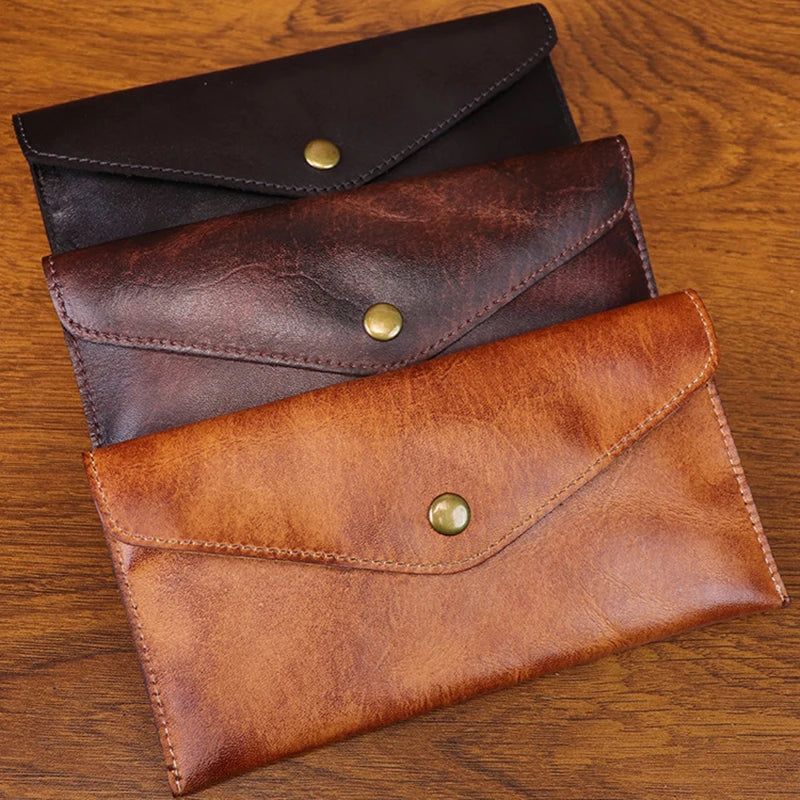 Genuine Leather Men Handmade Wallet High Quality Retro Handbag Simple Phone Pocket Card Bag Big Capacity Male Purses