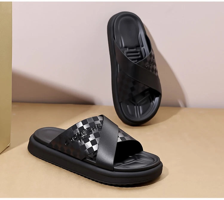 Summer New Fashion Outside Wear Slippers for Men Business Casual Black Leisure Genuine Leather Beach Shoes Slippers Man