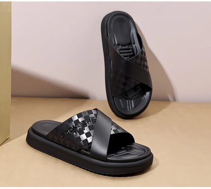 Summer New Fashion Outside Wear Slippers for Men Business Casual Black Leisure Genuine Leather Beach Shoes Slippers Man