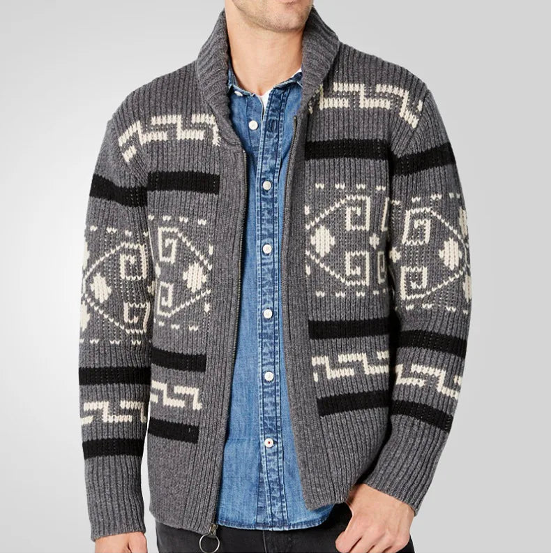 Men's Geometric Knit Cardigan Shawl Collar Full Zip-Up Tribal Print Sweater Chunky Ribbed Knit Vintage Navajo-Inspired Jacket