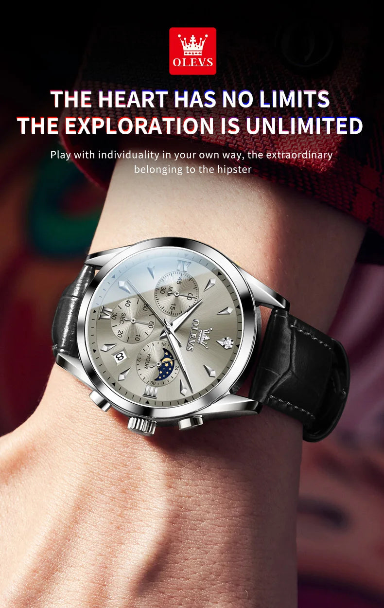 OLEVS Luxury Men's Watches Leather Strap Waterproof Luminous Chronograph Moon Phase Man Watch Top Original Quartz Watch for Men