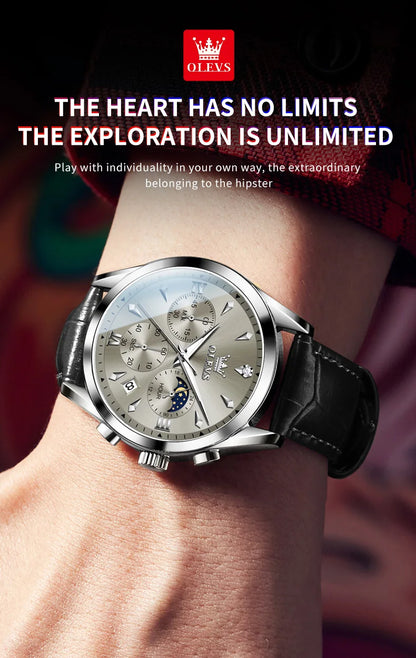 OLEVS Luxury Men's Watches Leather Strap Waterproof Luminous Chronograph Moon Phase Man Watch Top Original Quartz Watch for Men