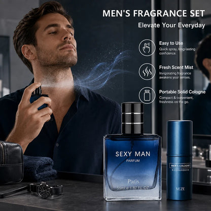2PCS Men's Cologne Set No Box Long Lasting Fresh Marine Perfume Spray + Solid Cologne Portable Travel Gift for Men