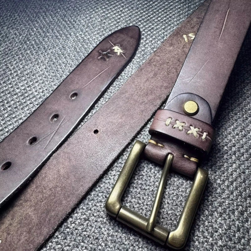 Extra Thick Genuine Leather Vintage Distressed Brass Pin Buckle Men's Belt Designer Lucky Tactical Personality Jeans Male Belt
