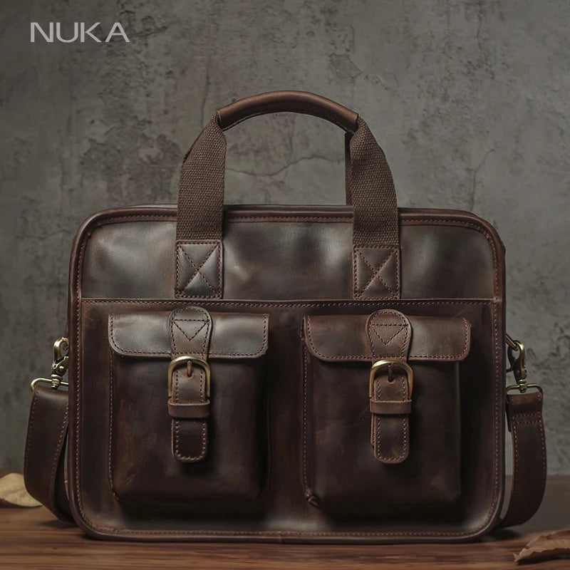 NUKA Retro Natural Cowhide Handbag Men's Real Leather Executive Briefcase Luxury Business Shoulder Bag Daily File Messenger Bags