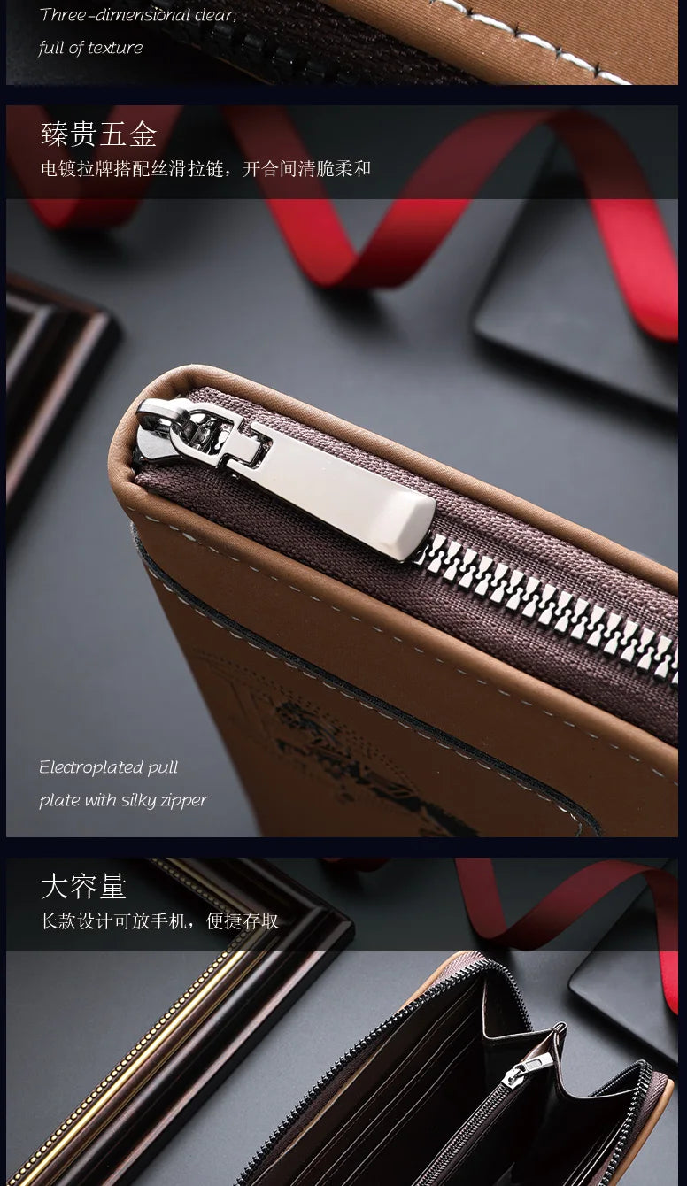 New men's wallet made of crazy horse leather with retro style from Europe and America PU zipper bag fashionable short card bag a