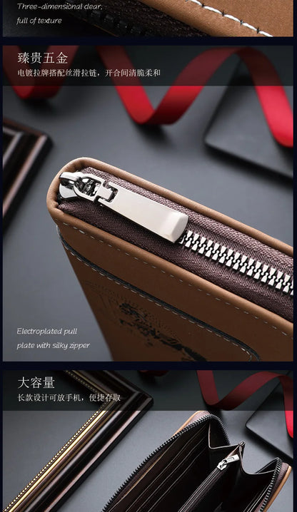 New men's wallet made of crazy horse leather with retro style from Europe and America PU zipper bag fashionable short card bag a