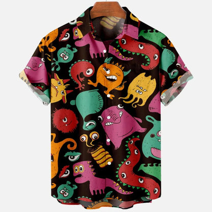 Summer New Retro Men's Shirt Devil Horror Skull Short Sleeve Shirt Collar 3D Printing