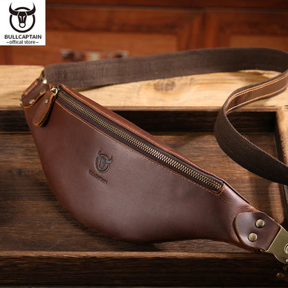 BULLCAPTAIN Men's Crazy Horse Leather Belt Bag Classic Retro Crossbody Bag Outdoor Storage Mountaineering Mobile Phone Bag
