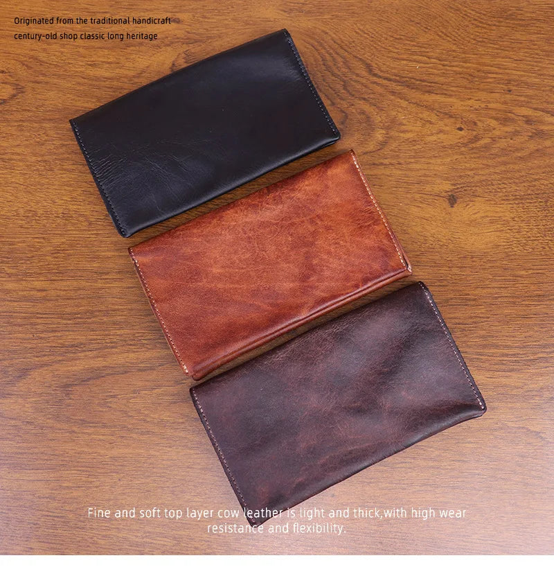 Large Capacity Men Wallet Vintage Genuine Cow Leather Handbag Card Holder Phone Pocket High Quality Handmade Male Money Clips
