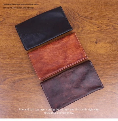 Large Capacity Men Wallet Vintage Genuine Cow Leather Handbag Card Holder Phone Pocket High Quality Handmade Male Money Clips