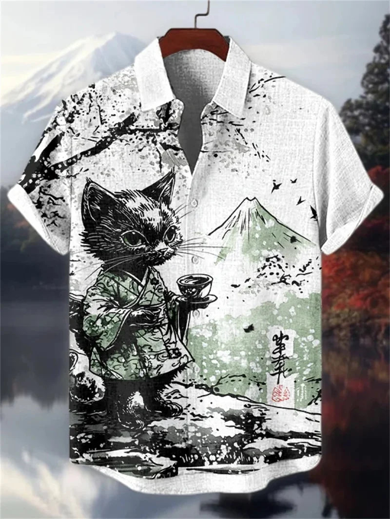 Men's Cat Patterned Black Crane Short Sleeved Shirt, Linen Retro Green Top, Fashionable Lapel Top, Retro Art
