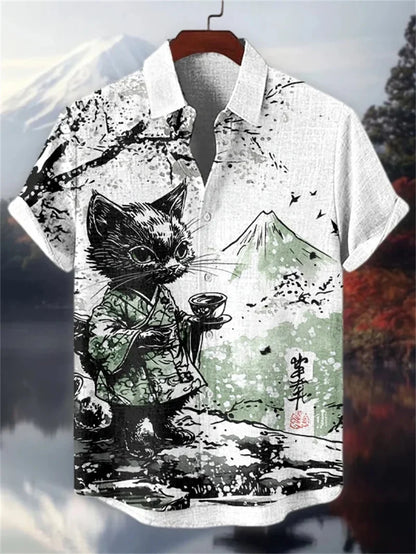 Men's Cat Patterned Black Crane Short Sleeved Shirt, Linen Retro Green Top, Fashionable Lapel Top, Retro Art