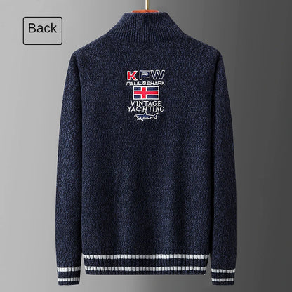 White Sweater Male Knitwear Shark Clothing Cotton Wool Jumpers Pullover Coats Jacquard Christmas Knitted Half Turtleneck Zip