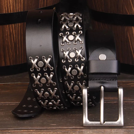 Studded Heavy Metal Style Belt Handmade Genuine Leather Punk Rock Style Men's Belt Cowhide Retro Tactical belt Jeans Belt