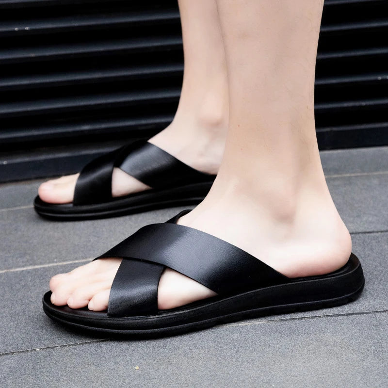 Men Summer Shoes Italian Leather Slippers Outdoor Men High Quality Big Size 38-47 Beach Flip Flops Slip on Men's Sandals MSH038