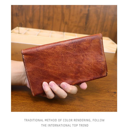 Large Capacity Men Wallet Vintage Genuine Cow Leather Handbag Card Holder Phone Pocket High Quality Handmade Male Money Clips