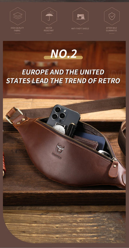 BULLCAPTAIN Men's Crazy Horse Leather Belt Bag Classic Retro Crossbody Bag Outdoor Storage Mountaineering Mobile Phone Bag