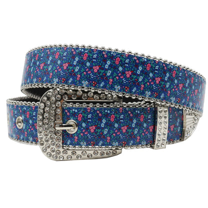 Rhinestone belt blue totem print New Women's Fashion Rhinestone Versatile Fashion PU Leather Belt Jeans Punk Rock Y2K Belt