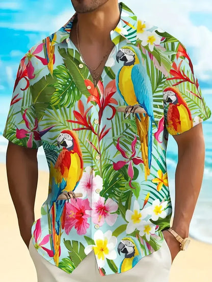Men's vibrant parrot floral print Hawaiian shirt, men's summer vacation casual short-sleeved button-up beach shirt
