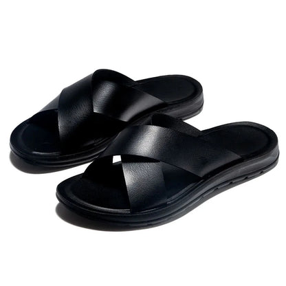 Men Summer Shoes Italian Leather Slippers Outdoor Men High Quality Big Size 38-47 Beach Flip Flops Slip on Men's Sandals MSH038