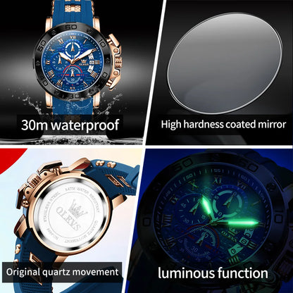 OLEVS 51mm Large Dial Quartz Watch for Men Silicone Strap Waterproof Luminous Auto Date Chrono Roman Numeral Scale Men's Watches