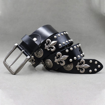 Metal Rivet Cowboy Belt Genuine Leather Cowskin Men Belt Punk Rivet Jeans Belts For Men Ceinture Homme Cinturones Hombre