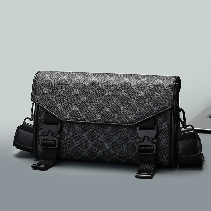 Men's Classic Printed Crossbody Bag – Gray Geometric Pattern Sling Bag with Buckle Closure Ideal for Daily Commute & Casual Wear