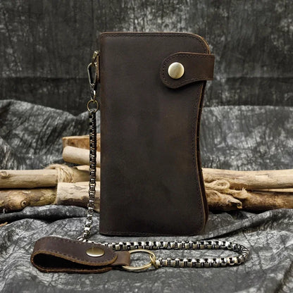 Men's Genuine Leather Wallet Chain Snap Bifold Purse Crazy Horse Leather Card Case Phone Card Holder Clutch Dragon Wallet