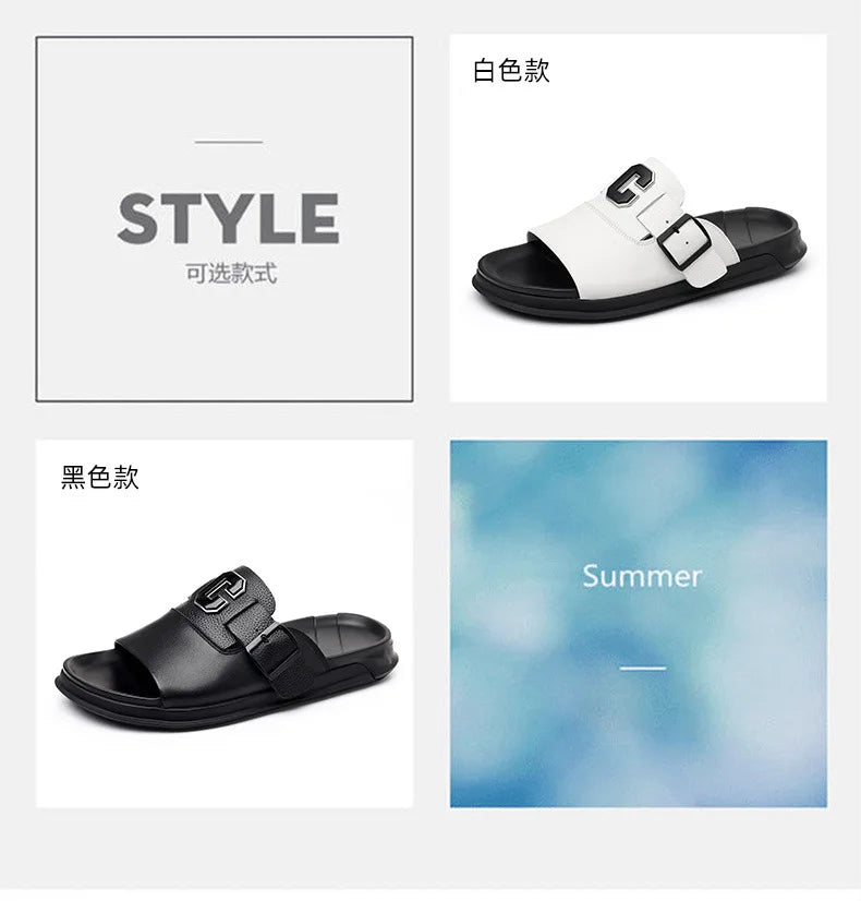 Men Outwear Genuine Leather Slippers for Men Fashion Buckle Designer Summer Flip-flops Male Casual Non-slip Beach Shoes Man