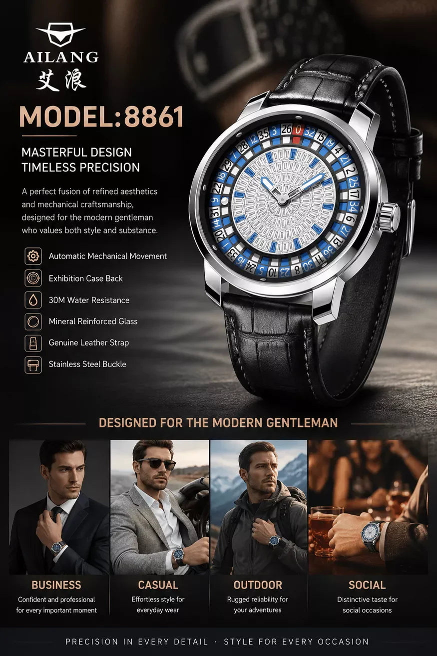AILANG Fashionable and Noble Red Top Men Mechanical Watch Button Gambling Table Game Roulette Watches Pointer Sapphire Watch