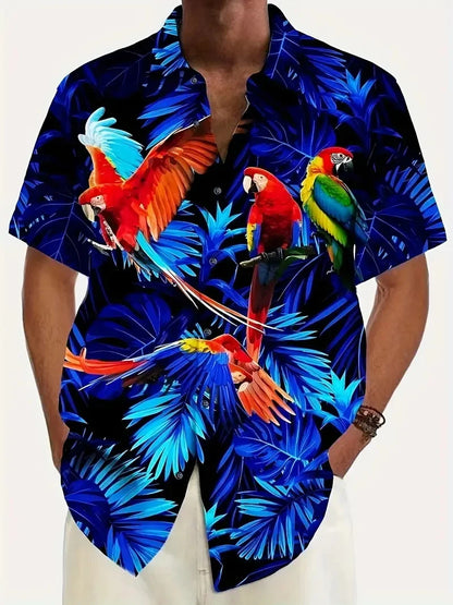 Men's vibrant parrot floral print Hawaiian shirt, men's summer vacation casual short-sleeved button-up beach shirt
