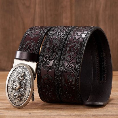 3.5cm Fashion Embossing Retro Male Belts for Men Business Split Leather Belt Dragon Pattern Automatic Buckle Strap