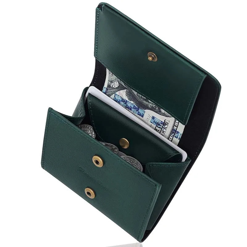 Pomelo Best Portable Men's Bifold Small Vintage Genuine Fine Grain Leather Wallet with Coin Compartment Press Stud Gift for Men