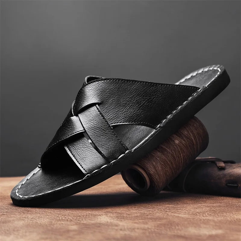 Genuine Leather Men Casual Sandals Summer Mens Slippers Outdoor Breathable Beach Shoes Comfortable Flats Men Flip Flops Size 48