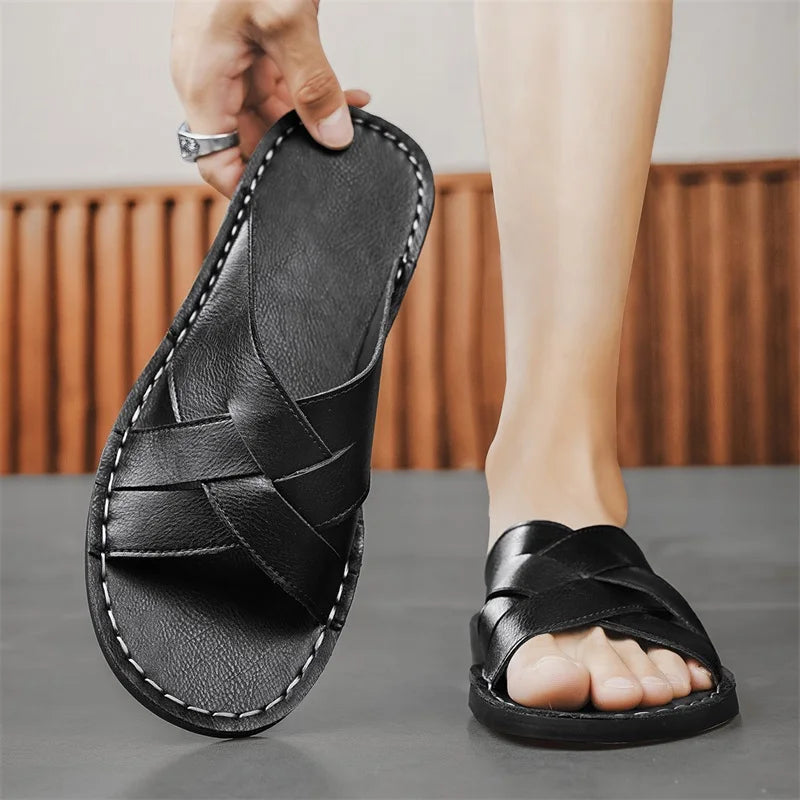 Genuine Leather Men Casual Sandals Summer Mens Slippers Outdoor Breathable Beach Shoes Comfortable Flats Men Flip Flops Size 48