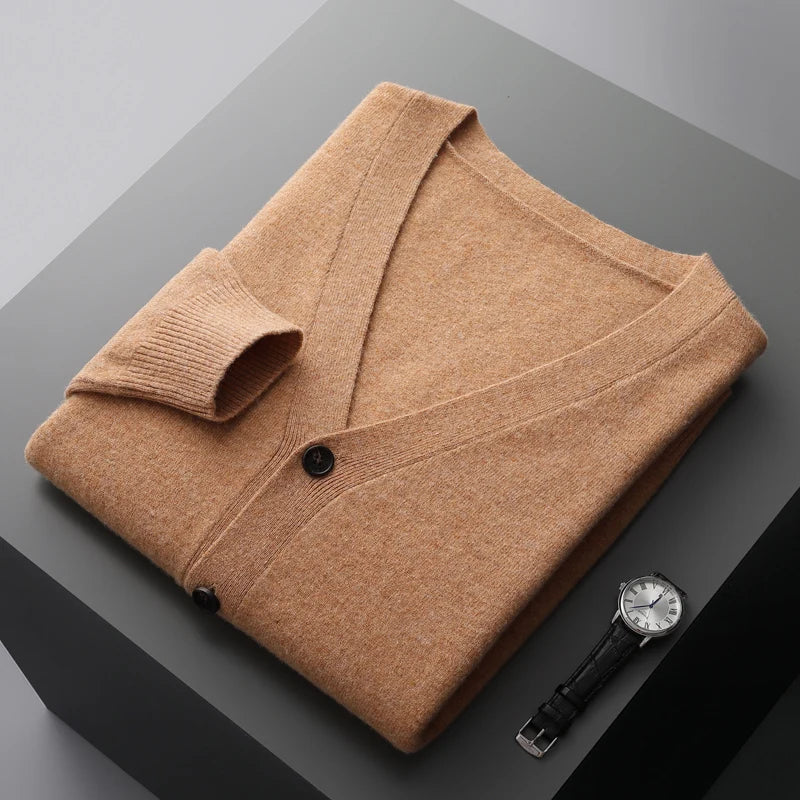 100% Pure Wool Sweater Autumn Winter New Men's Cardigan V-Neck Buckle Jacket Loose Casual Cashmere Knitted Sweater Long Sleeveds