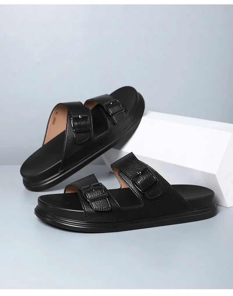 Summer Men's Slippers High Quality Cow Leather Sandals Outdoor Non Slip Platform Sandals Comfort Casual Slippers for Men Slides