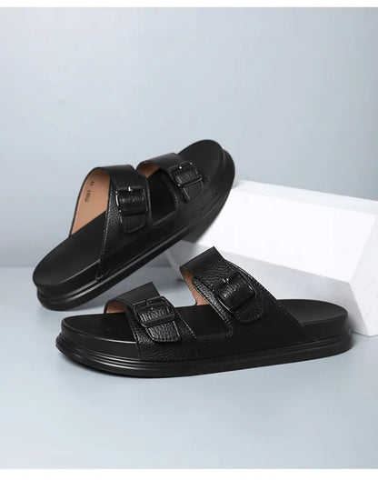Summer Men's Slippers High Quality Cow Leather Sandals Outdoor Non Slip Platform Sandals Comfort Casual Slippers for Men Slides