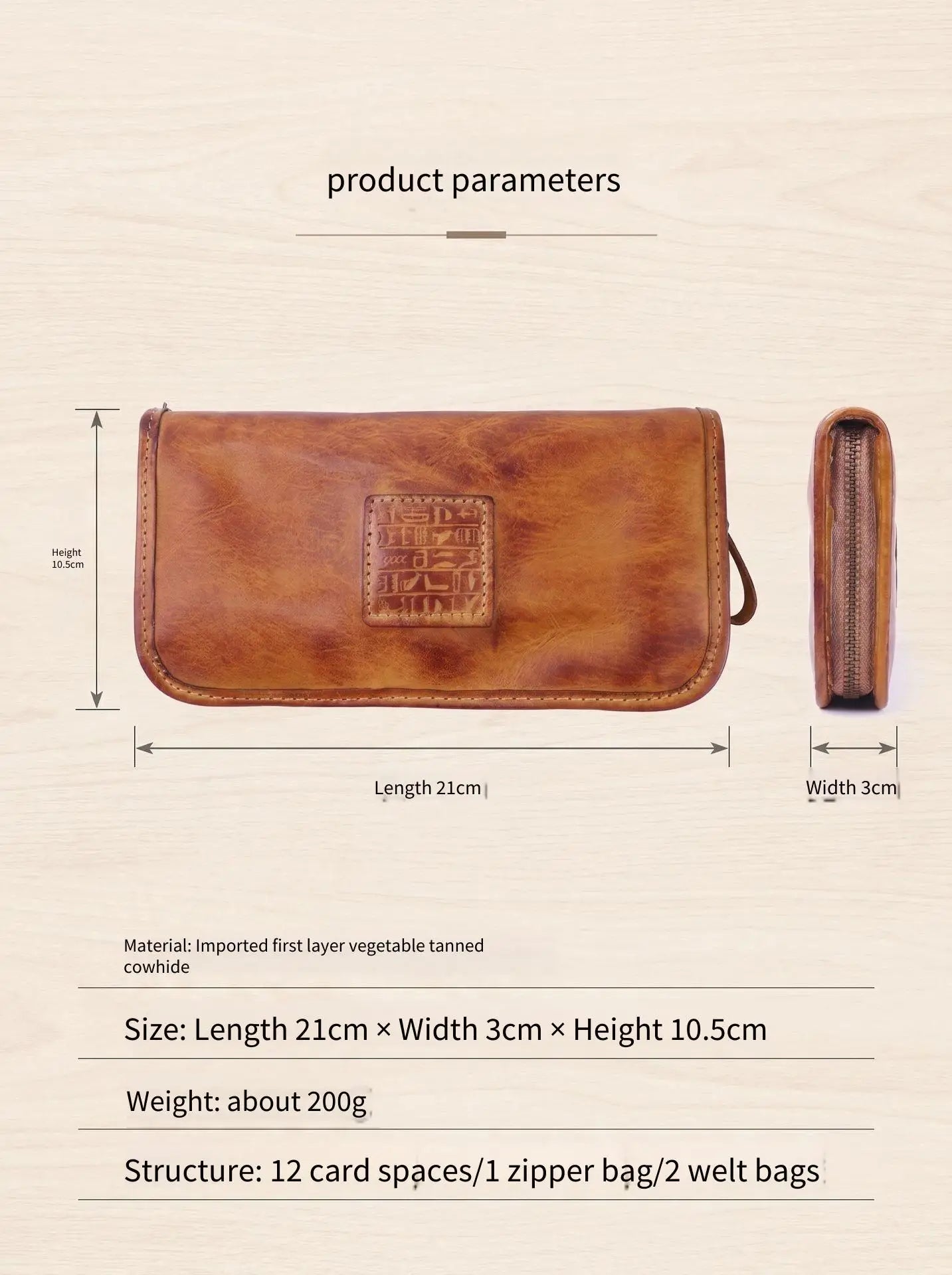 YETTIES Men's Vegetable Tanned Leather Long Clutch Wallet Large Capacity Multi-Function Document Vintage Business Handheld Purse