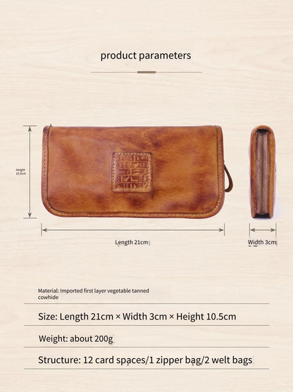 YETTIES Men's Vegetable Tanned Leather Long Clutch Wallet Large Capacity Multi-Function Document Vintage Business Handheld Purse