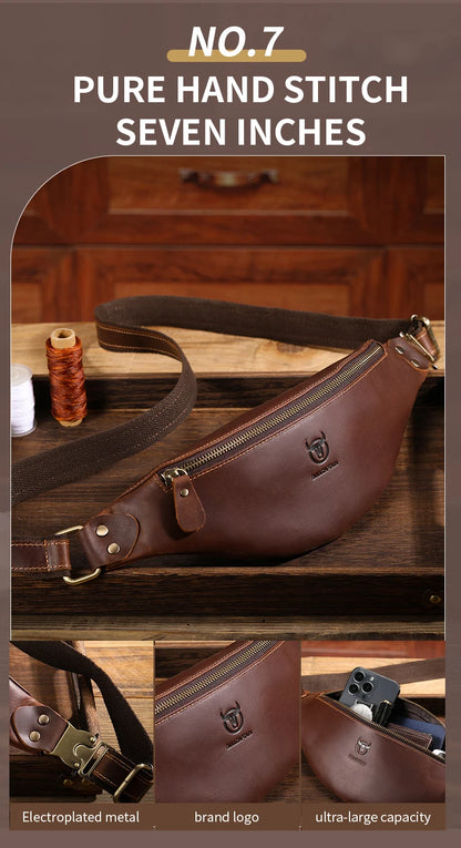BULLCAPTAIN Men's Crazy Horse Leather Belt Bag Classic Retro Crossbody Bag Outdoor Storage Mountaineering Mobile Phone Bag