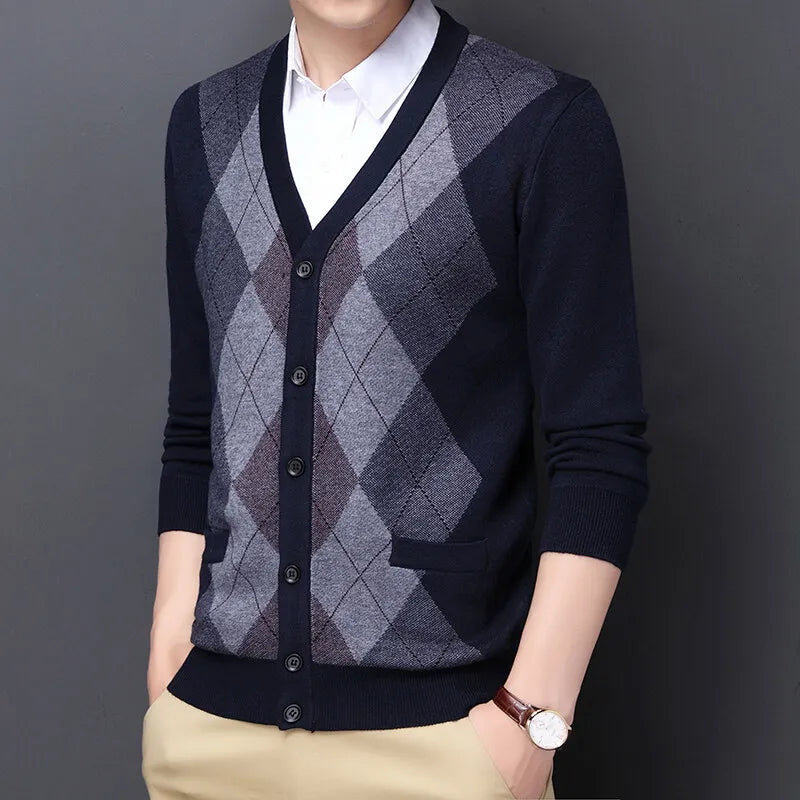 Spring Autumn Men's Argyle Patchwork Knit Cardigan Fashion V-Neck Smart Casual Knitted Sweatercoat Men Slim Fit Sweater Cardigan
