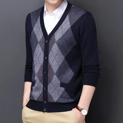 Spring Autumn Men's Argyle Patchwork Knit Cardigan Fashion V-Neck Smart Casual Knitted Sweatercoat Men Slim Fit Sweater Cardigan