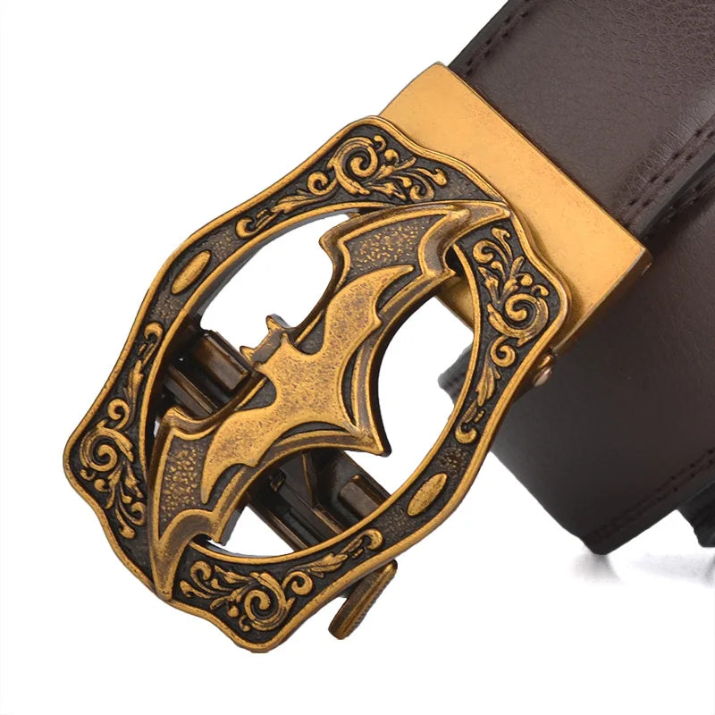 Men's Vintage Bat Pattern Genuine Leather Belt, Silver Gold Automatic Buckle, Plus Size 130 140 150 160 170cm Casual Waistband